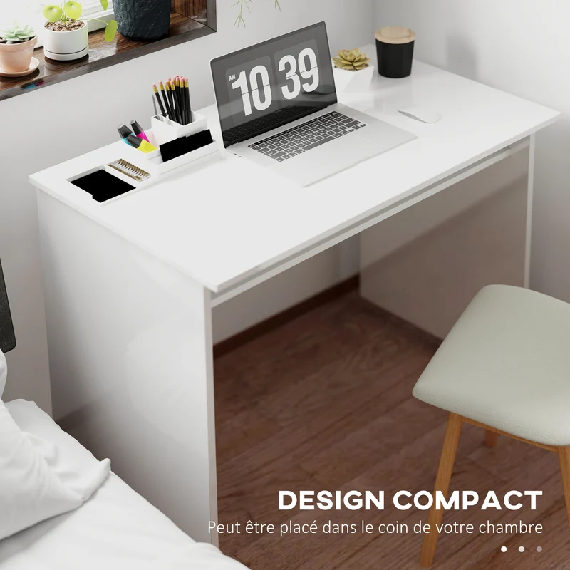 Bureau informatique 90 x 50 x 74 cm avec étagère de rangement robuste moderne en panneaux de particules blanc laqué 21_0002387