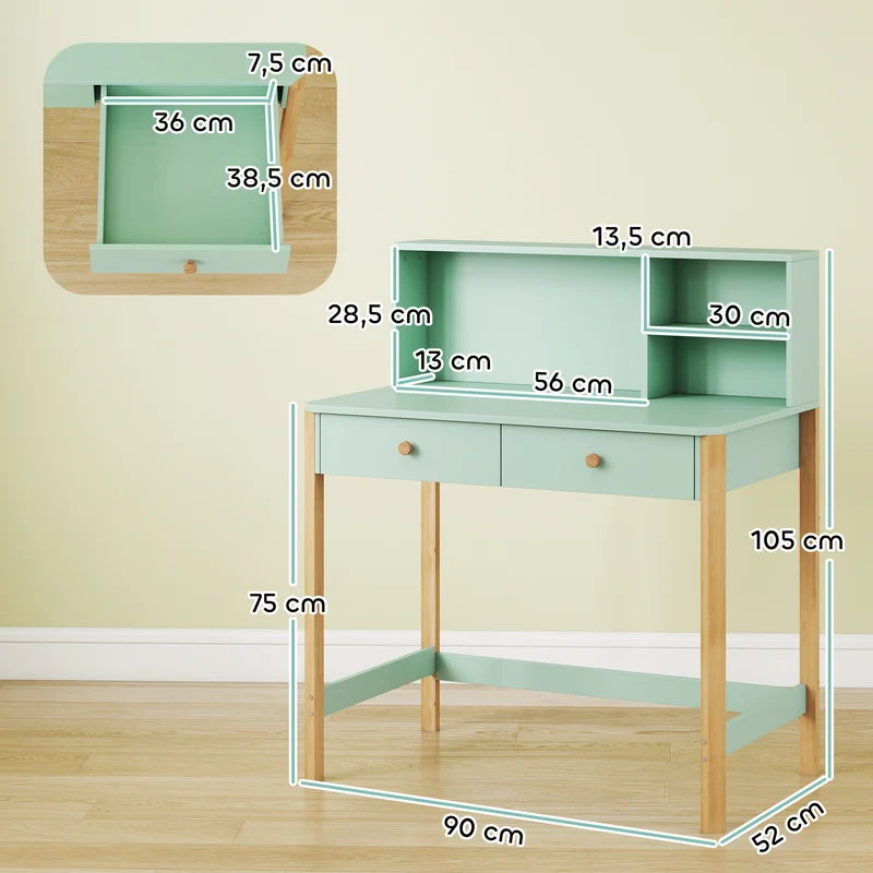 Bureau enfant avec rangement 90 x 52 x 105 cm plateau large tiroirs sécurisés design scandinave contemporain en MDF vert 21_0000238