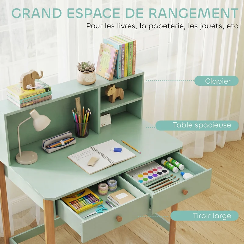 Bureau enfant avec rangement 90 x 52 x 105 cm plateau large tiroirs sécurisés design scandinave contemporain en MDF vert 21_0000238