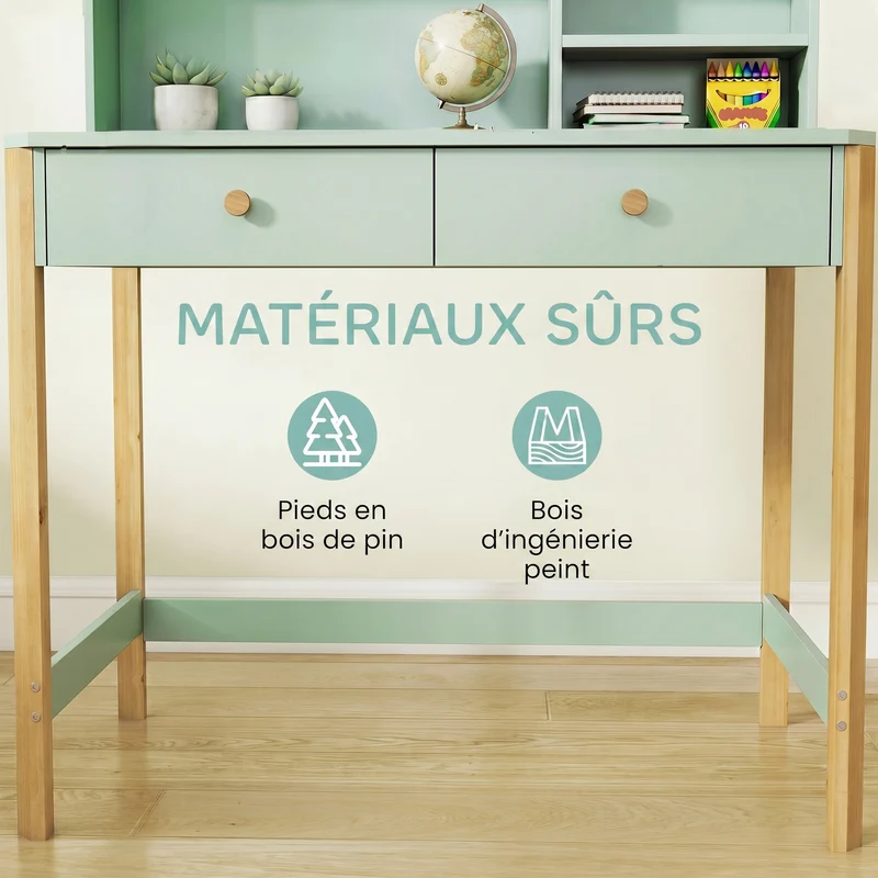 Bureau enfant avec rangement 90 x 52 x 105 cm plateau large tiroirs sécurisés design scandinave contemporain en MDF vert 21_0000238