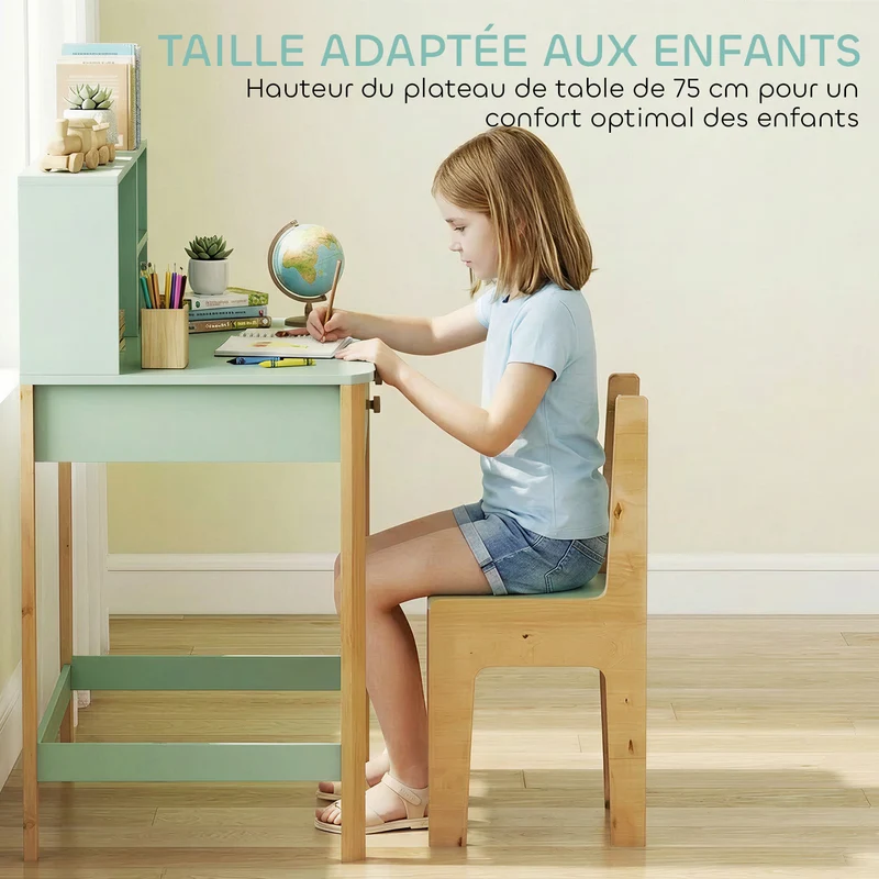 Bureau enfant avec rangement 90 x 52 x 105 cm plateau large tiroirs sécurisés design scandinave contemporain en MDF vert 21_0000238