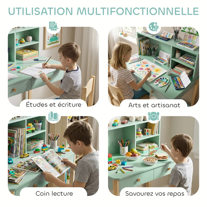 Bureau enfant avec rangement 90 x 52 x 105 cm plateau large tiroirs sécurisés design scandinave contemporain en MDF vert 21_0000238
