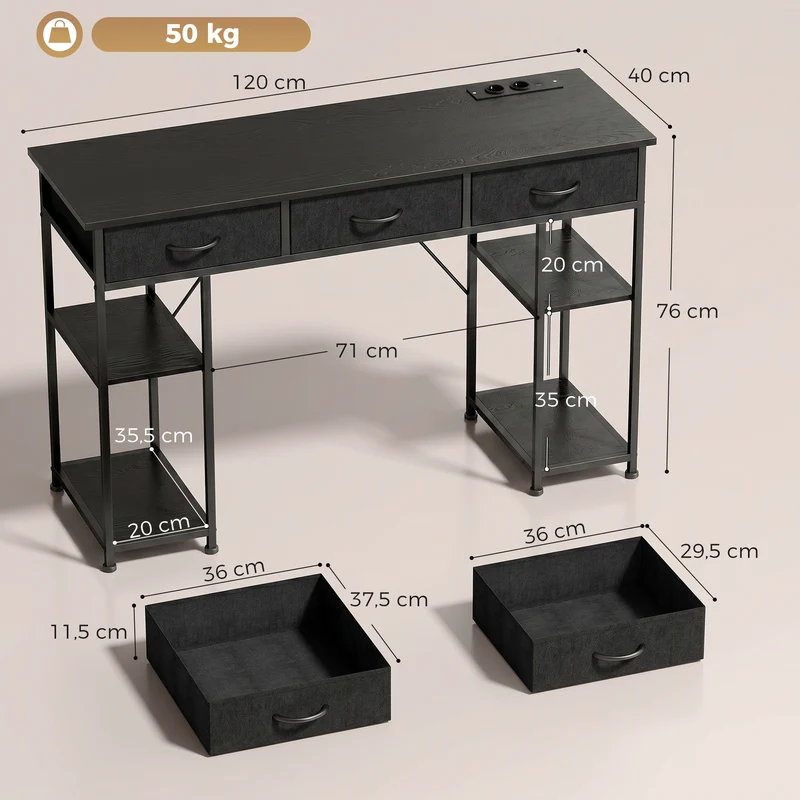 Bureau avec rangement 120 x 40 x 76 cm station intégrée 3 tiroirs pour chambre moderne en panneau de particules noir 21_0002537