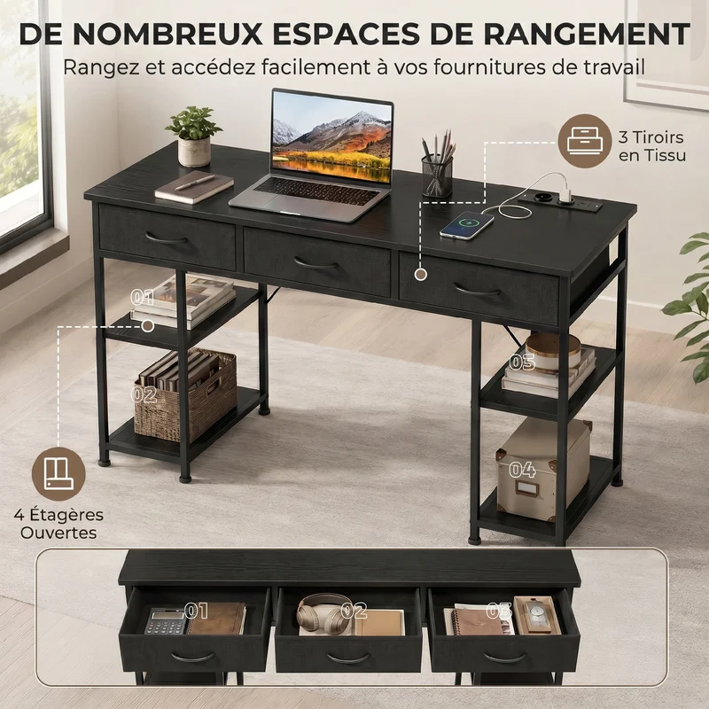 Bureau avec rangement 120 x 40 x 76 cm station intégrée 3 tiroirs pour chambre moderne en panneau de particules noir 21_0002537