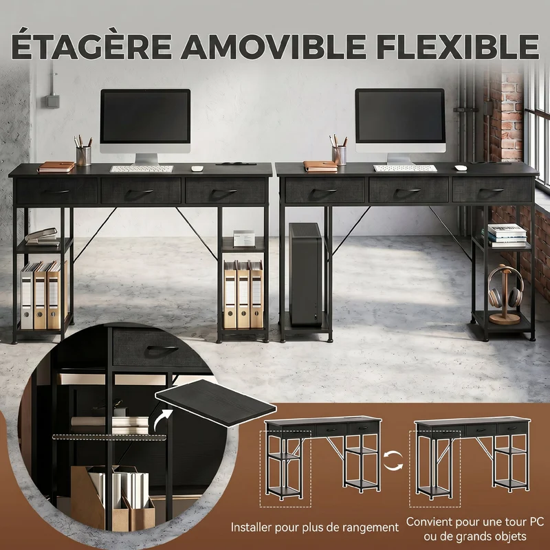 Bureau avec rangement 120 x 40 x 76 cm station intégrée 3 tiroirs pour chambre moderne en panneau de particules noir 21_0002537