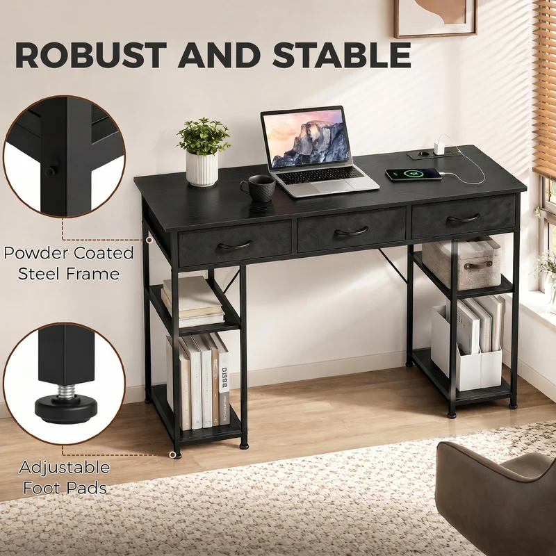 Bureau avec rangement 120 x 40 x 76 cm station intégrée 3 tiroirs pour chambre moderne en panneau de particules noir 21_0002537