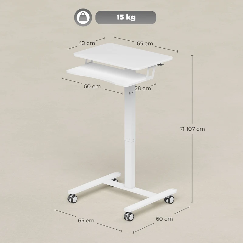 Bureau assis-debout pour ordinateur 65 x 60 x 71-107 cm plateau clavier ergonomique roulettes moderne en acier blanc 21_0002991