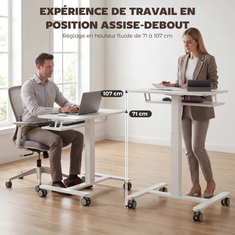Bureau assis-debout pour ordinateur 65 x 60 x 71-107 cm plateau clavier ergonomique roulettes moderne en acier blanc 21_0002991