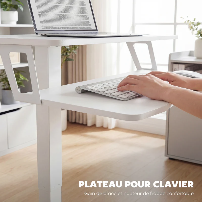 Bureau assis-debout pour ordinateur 65 x 60 x 71-107 cm plateau clavier ergonomique roulettes moderne en acier blanc 21_0002991