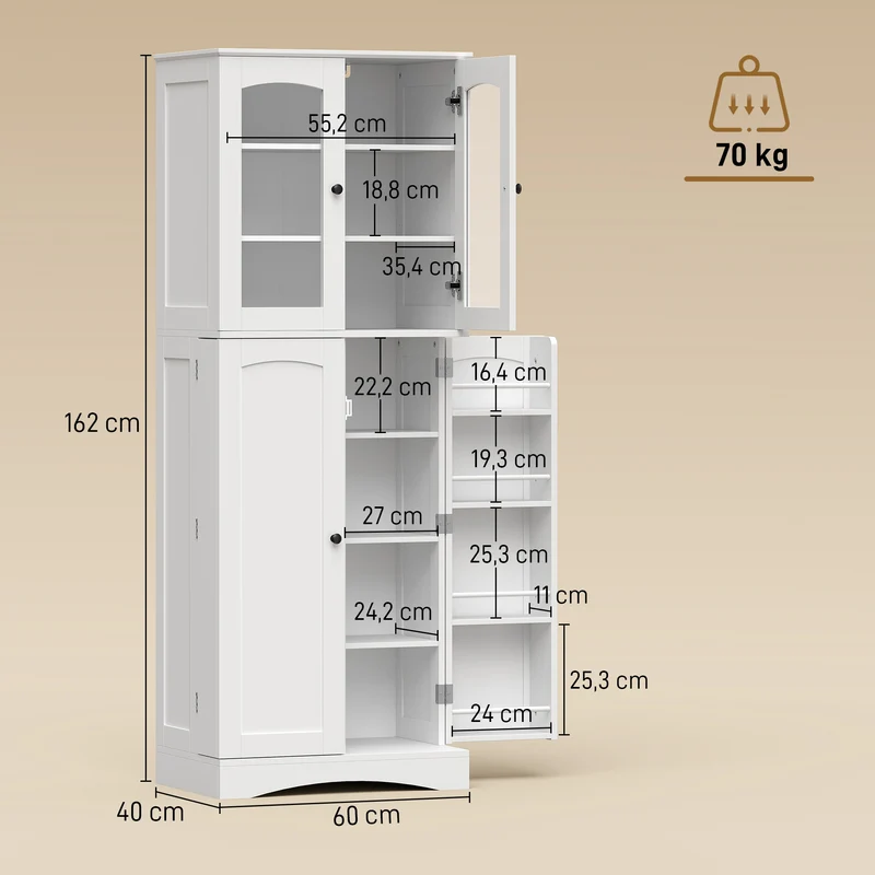 Buffet haut vaisselier cuisine 60 x 40 x 162 cm grand espace portes vitrées étagères réglables moderne en MDF blanc 21_0003398