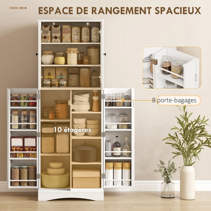 Buffet haut vaisselier cuisine 60 x 40 x 162 cm grand espace portes vitrées étagères réglables moderne en MDF blanc 21_0003398