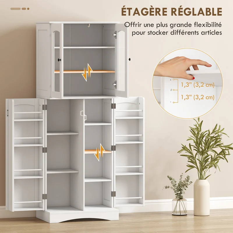 Buffet haut vaisselier cuisine 60 x 40 x 162 cm grand espace portes vitrées étagères réglables moderne en MDF blanc 21_0003398