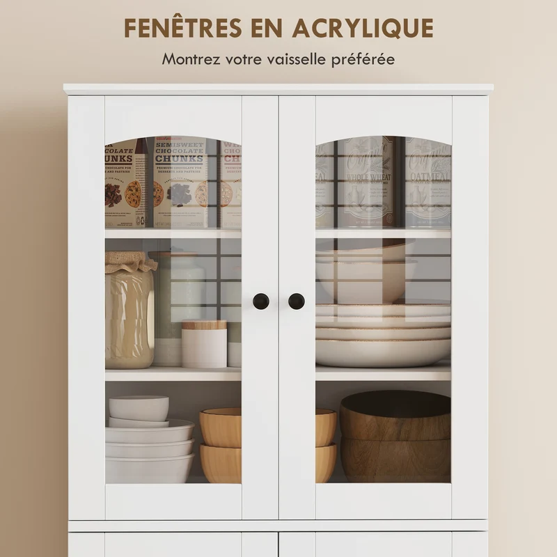 Buffet haut vaisselier cuisine 60 x 40 x 162 cm grand espace portes vitrées étagères réglables moderne en MDF blanc 21_0003398