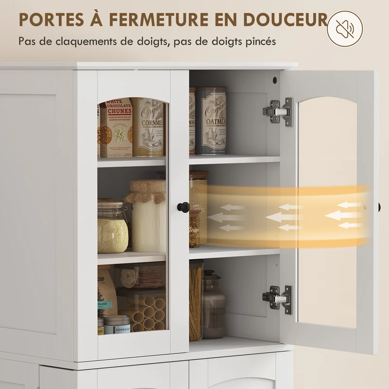 Buffet haut vaisselier cuisine 60 x 40 x 162 cm grand espace portes vitrées étagères réglables moderne en MDF blanc 21_0003398