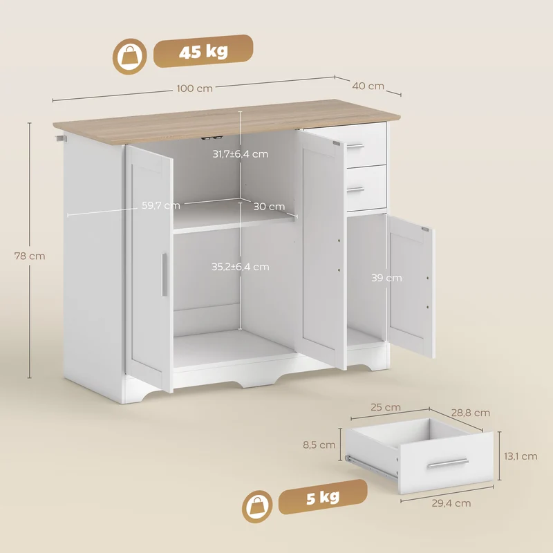 Buffet de rangement 100 x 40 x 78 cm rangement modulable sécurisé 2 tiroirs 2 portes style contemporain épuré en MDF blanc 21_0003611