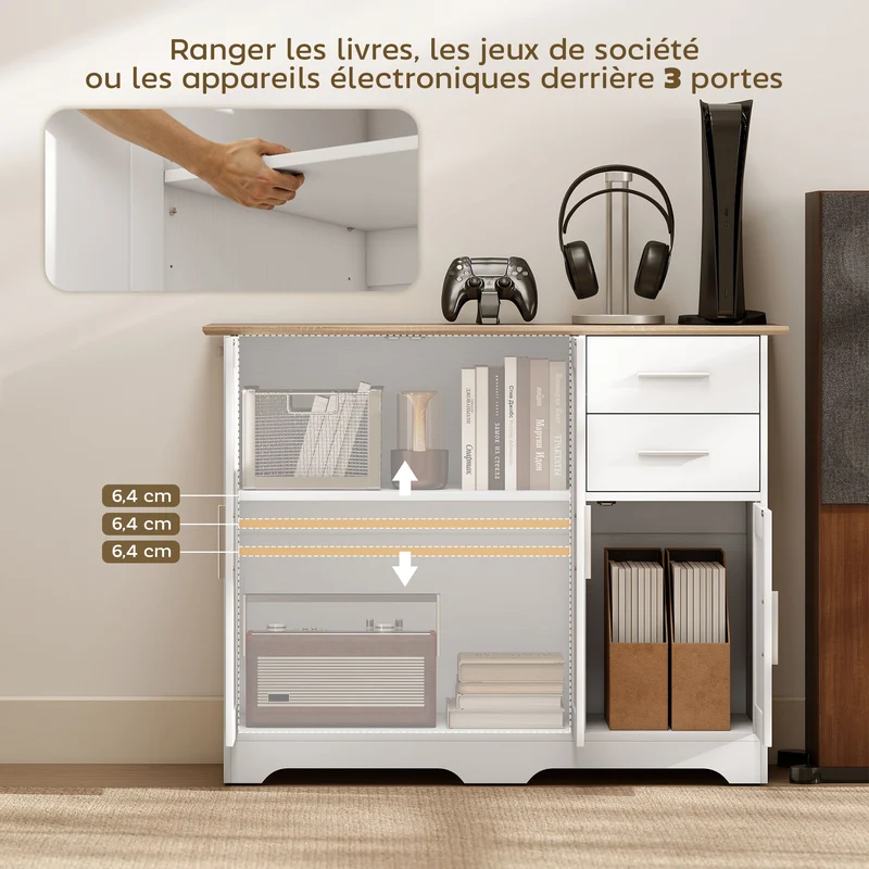 Buffet de rangement 100 x 40 x 78 cm rangement modulable sécurisé 2 tiroirs 2 portes style contemporain épuré en MDF blanc 21_0003611