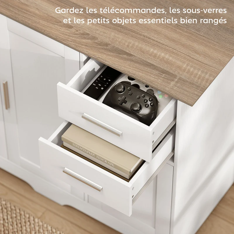 Buffet de rangement 100 x 40 x 78 cm rangement modulable sécurisé 2 tiroirs 2 portes style contemporain épuré en MDF blanc 21_0003611