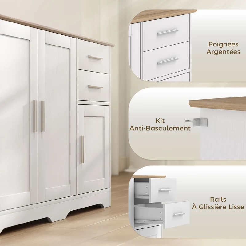 Buffet de rangement 100 x 40 x 78 cm rangement modulable sécurisé 2 tiroirs 2 portes style contemporain épuré en MDF blanc 21_0003611