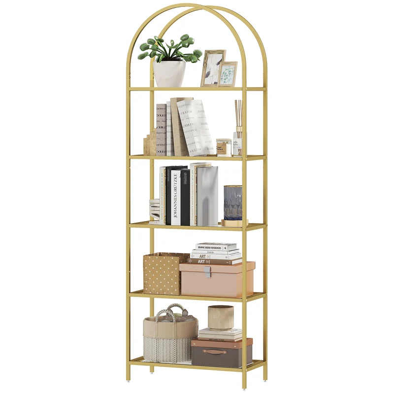 Bibliothèque étagère arquée salon 60 x 30 x 175 cm 5 niveaux rangement sécurisé pieds ajustables moderne en acier doré 21_0002973