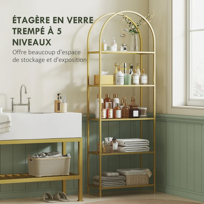 Bibliothèque étagère arquée salon 60 x 30 x 175 cm 5 niveaux rangement sécurisé pieds ajustables moderne en acier doré 21_0002973