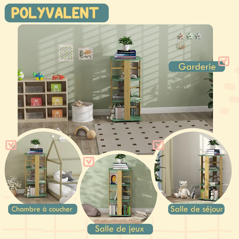 Bibliothèque enfant sur roulettes 48 x 48 x 99.5 cm rangement livres jouets mobile idéal moderne scandinave en MDF vert 21_0000157