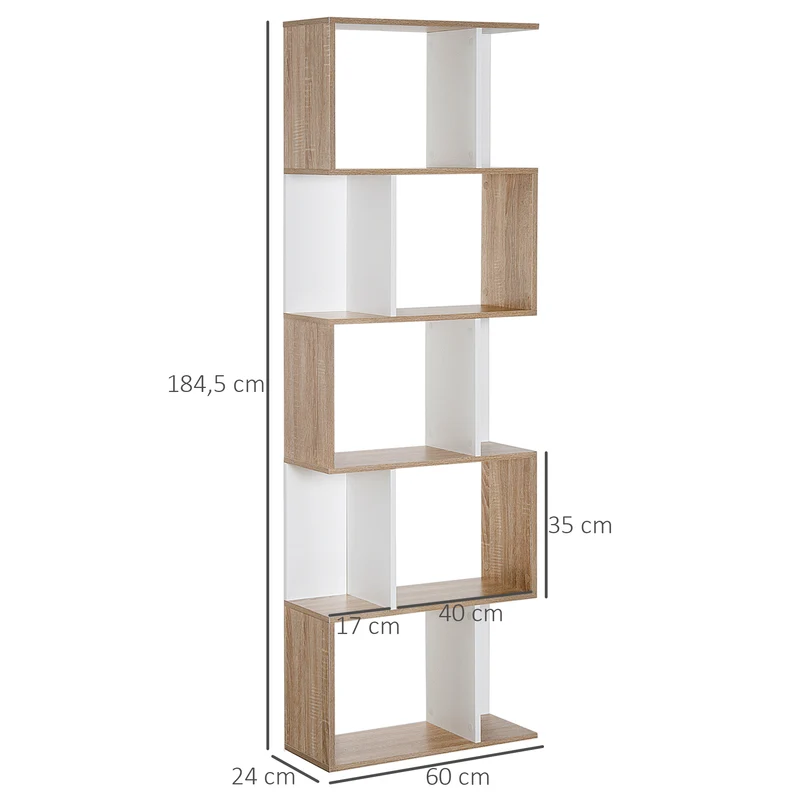 Bibliothèque en s séparateur 60 x 24 x 185 cm 5 étagères gain de place rangement design en panneau de particules blanc 21_0001727