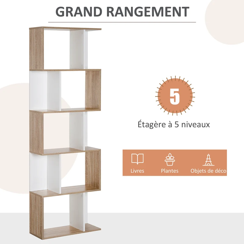 Bibliothèque en s séparateur 60 x 24 x 185 cm 5 étagères gain de place rangement design en panneau de particules blanc 21_0001727