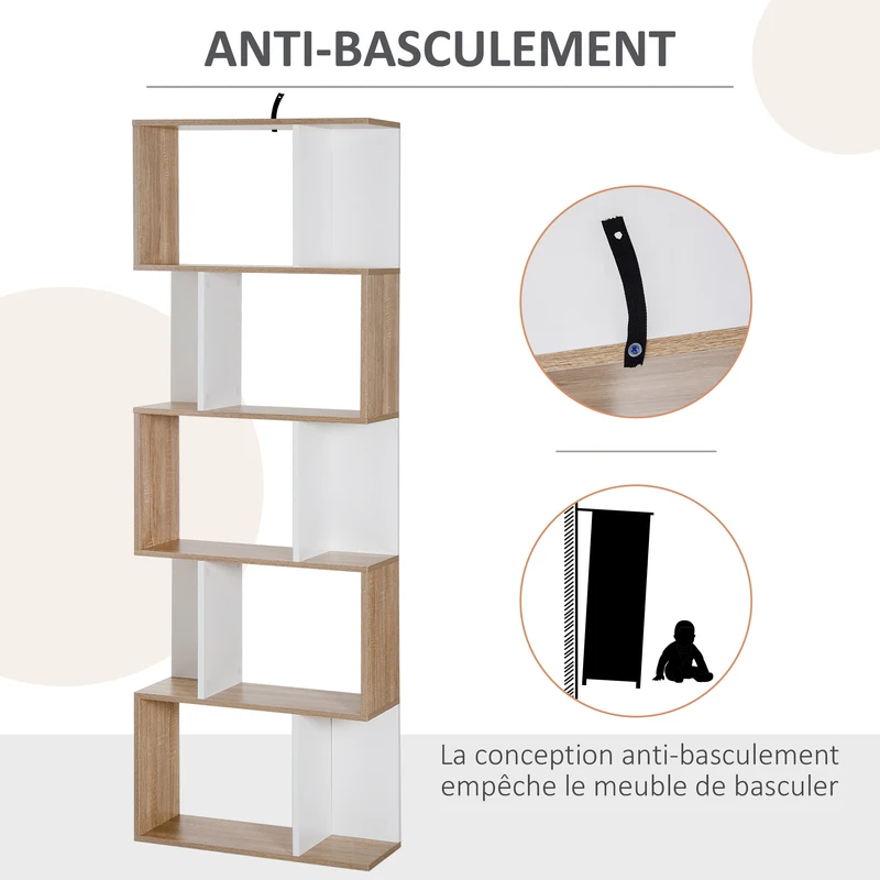 Bibliothèque en s séparateur 60 x 24 x 185 cm 5 étagères gain de place rangement design en panneau de particules blanc 21_0001727