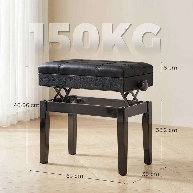 Banquette de piano 63 x 35 x 46-56 cm assise grand confort coffre rangement design scandinave salon chambre en bois noir 21_0008047