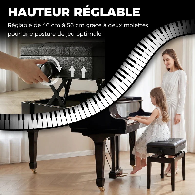 Banquette de piano 63 x 35 x 46-56 cm assise grand confort coffre rangement design scandinave salon chambre en bois noir 21_0008047