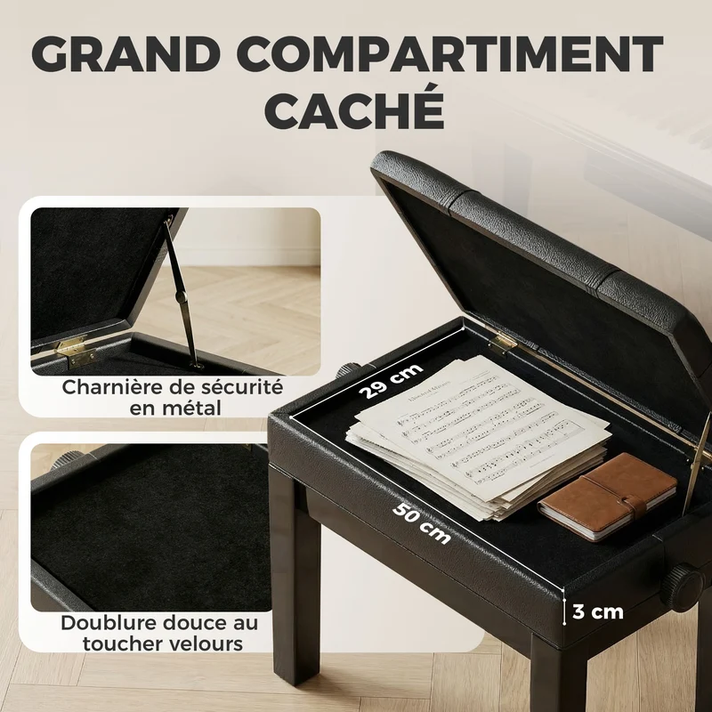 Banquette de piano 63 x 35 x 46-56 cm assise grand confort coffre rangement design scandinave salon chambre en bois noir 21_0008047
