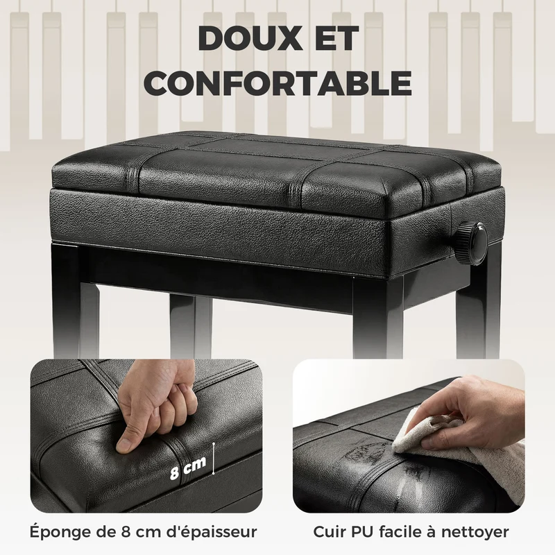 Banquette de piano 63 x 35 x 46-56 cm assise grand confort coffre rangement design scandinave salon chambre en bois noir 21_0008047