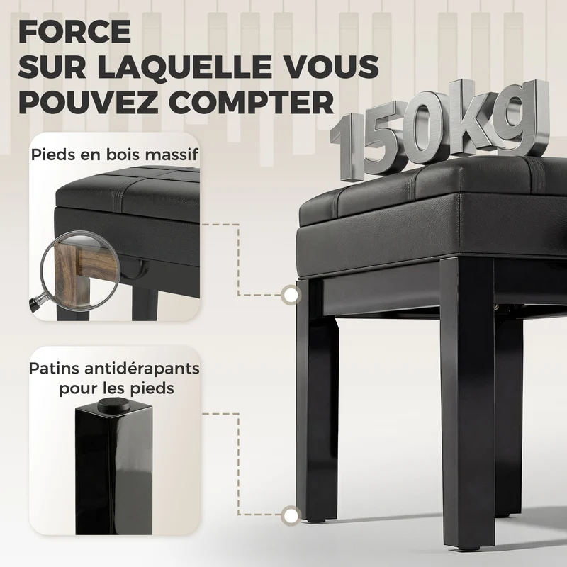 Banquette de piano 63 x 35 x 46-56 cm assise grand confort coffre rangement design scandinave salon chambre en bois noir 21_0008047