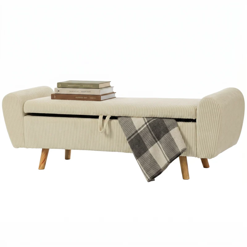 Banc de rangement chambre 150 x 45 x 51 cm assise rembourrée accoudoirs arrondis contemporain en velours côtelé beige 21_0002999