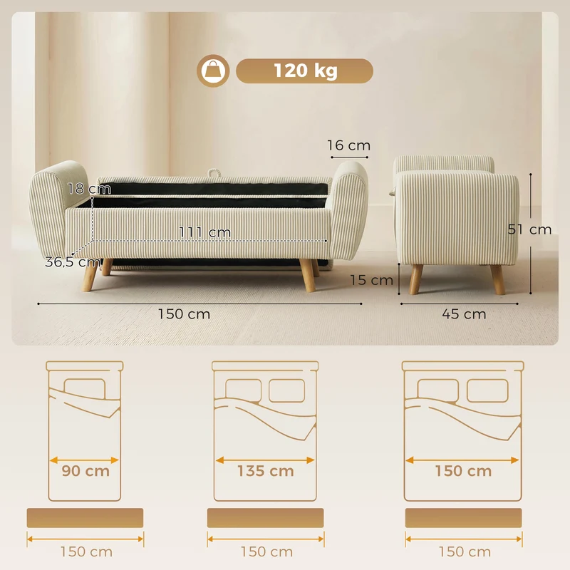 Banc de rangement chambre 150 x 45 x 51 cm assise rembourrée accoudoirs arrondis contemporain en velours côtelé beige 21_0002999
