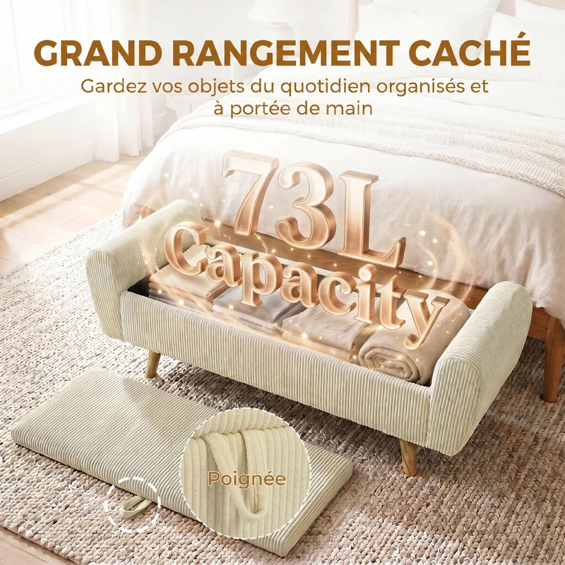 Banc de rangement chambre 150 x 45 x 51 cm assise rembourrée accoudoirs arrondis contemporain en velours côtelé beige 21_0002999