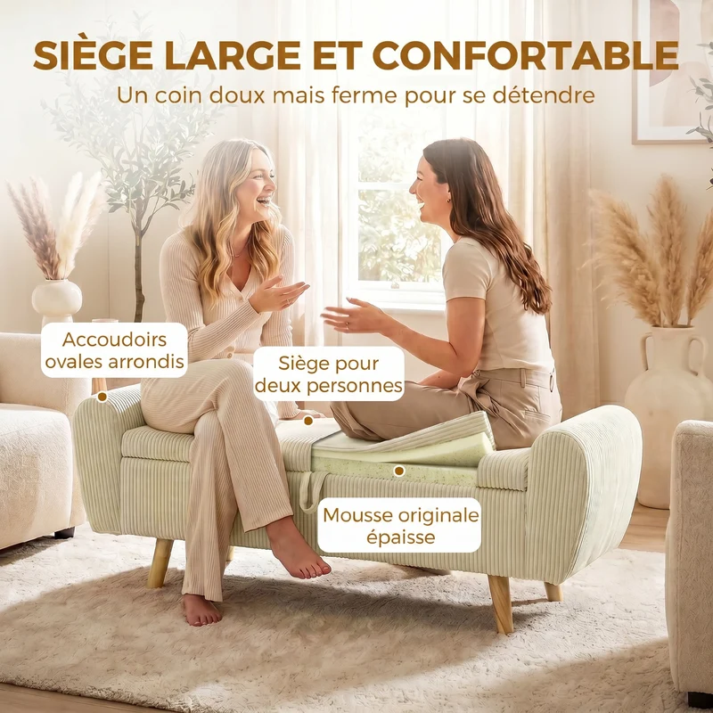 Banc de rangement chambre 150 x 45 x 51 cm assise rembourrée accoudoirs arrondis contemporain en velours côtelé beige 21_0002999