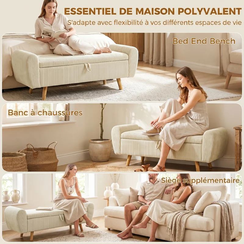 Banc de rangement chambre 150 x 45 x 51 cm assise rembourrée accoudoirs arrondis contemporain en velours côtelé beige 21_0002999