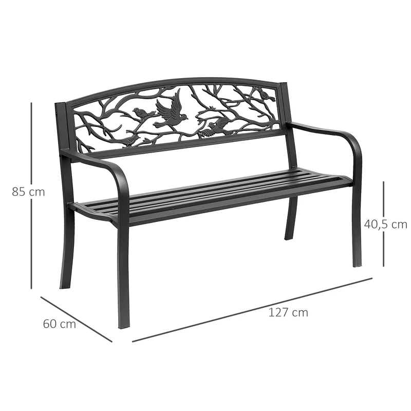 Banc de jardin 3 places 127 x 60 x 85 cm assise profonde dossier incliné ergonomique rustique décoratif en métal noir 21_0004591