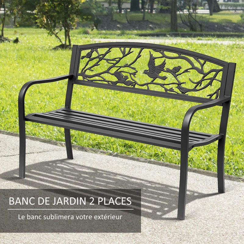 Banc de jardin 3 places 127 x 60 x 85 cm assise profonde dossier incliné ergonomique rustique décoratif en métal noir 21_0004591