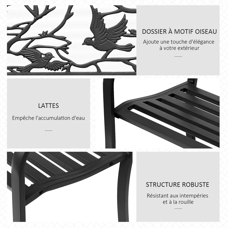 Banc de jardin 3 places 127 x 60 x 85 cm assise profonde dossier incliné ergonomique rustique décoratif en métal noir 21_0004591