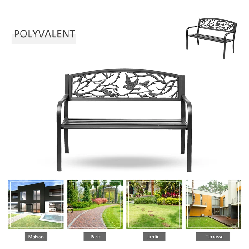 Banc de jardin 3 places 127 x 60 x 85 cm assise profonde dossier incliné ergonomique rustique décoratif en métal noir 21_0004591