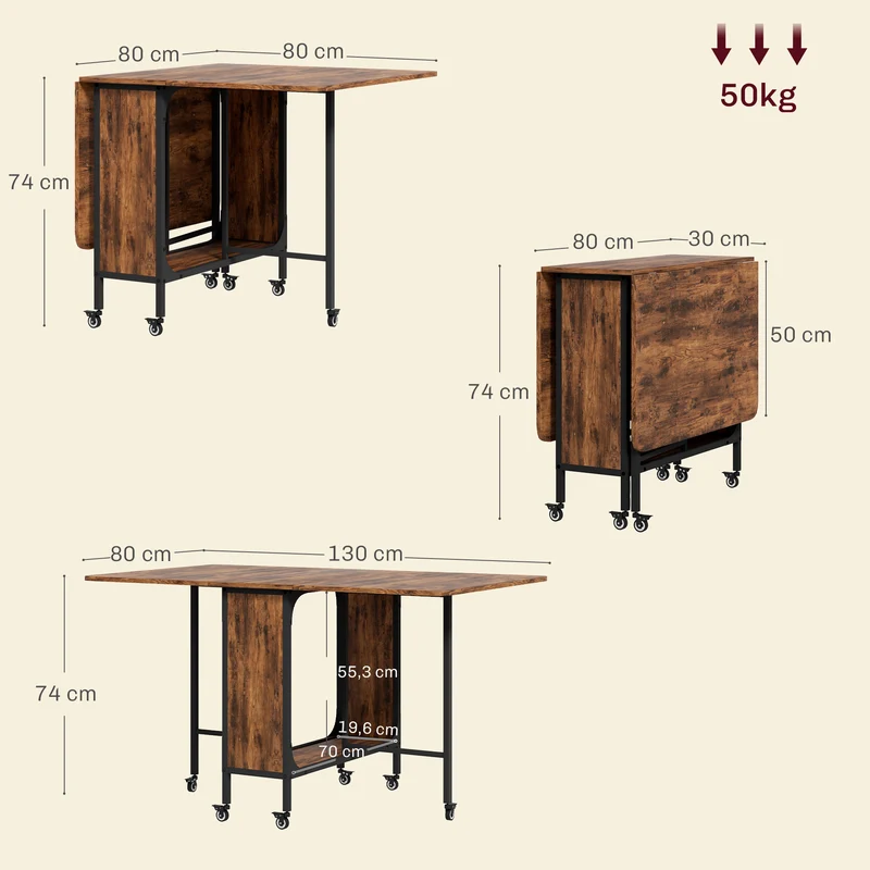 Table pliante extensible de cuisine 130 x 80 x 74 cm à roulettes pour 6 personnes étagère moderne utile en mélamine brun 21_0002303