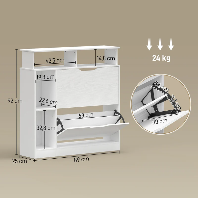 Meuble à chaussures entrée slim 89 x 25 x 92 cm rangement modulable 2 tiroirs et étagères style nordique en MDF blanc 21_0002811