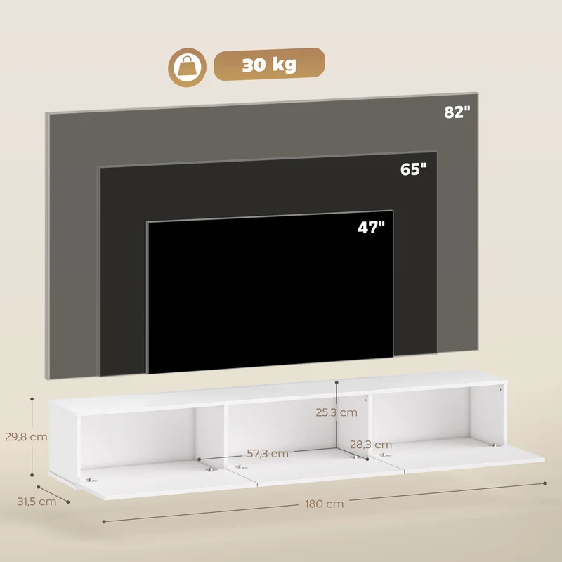 Meuble télévision suspendu 180 x 31,5 x 29,8 cm rangement dissimulé fermeture douce moderne minimaliste en MDF blanc 21_0003609