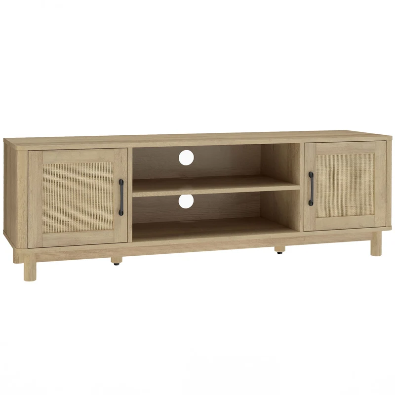 Meuble télé rangement 135 x 39 x 45 cm pour télé jusqu'à 65 pouces gestion câbles pieds réglables vintage en rotin chêne 21_0003535