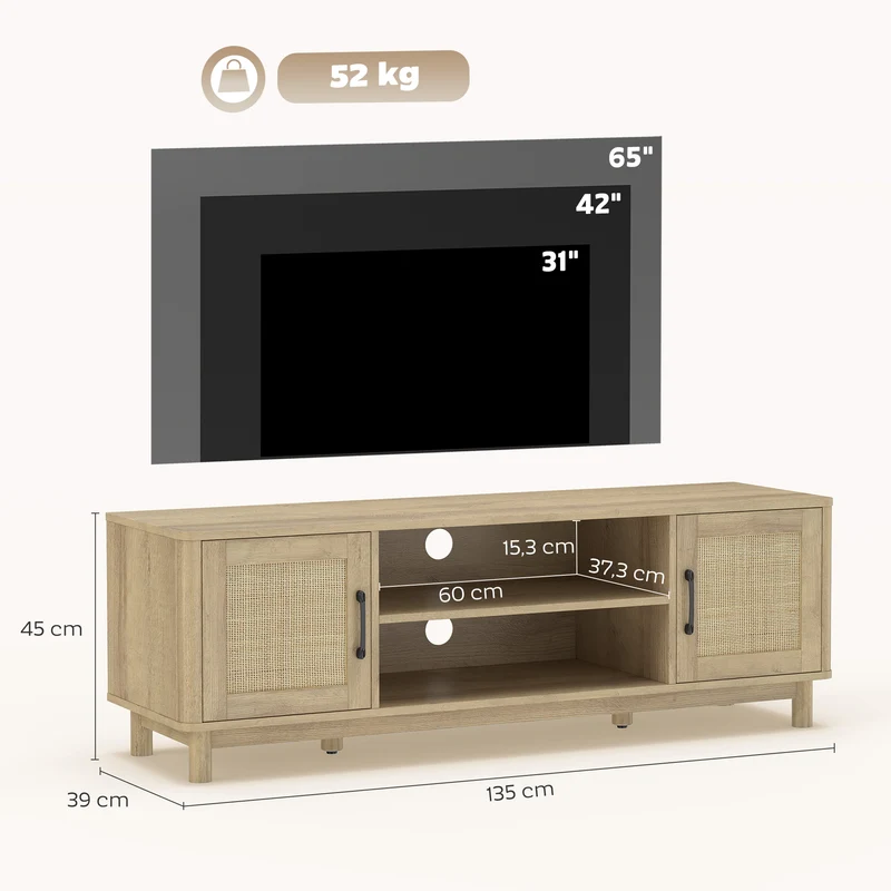 Meuble télé rangement 135 x 39 x 45 cm pour télé jusqu'à 65 pouces gestion câbles pieds réglables vintage en rotin chêne 21_0003535