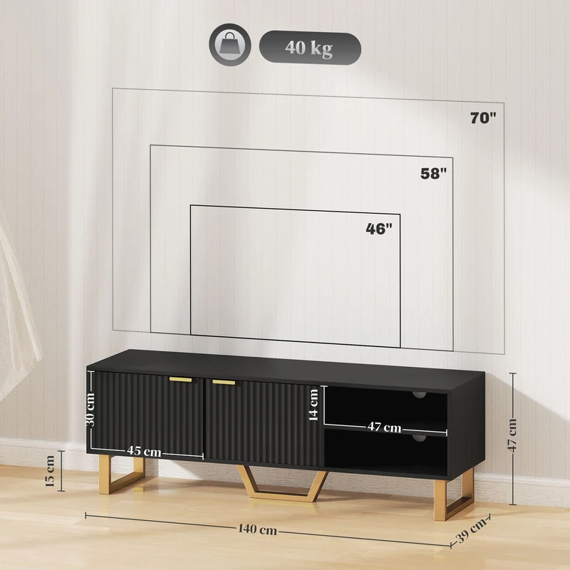 Meuble tv pour écran jusqu'à 70 pouces 140 x 39 x 47 cm rangement ouvert et portes cannelées style moderne en MDF noir 21_0003456