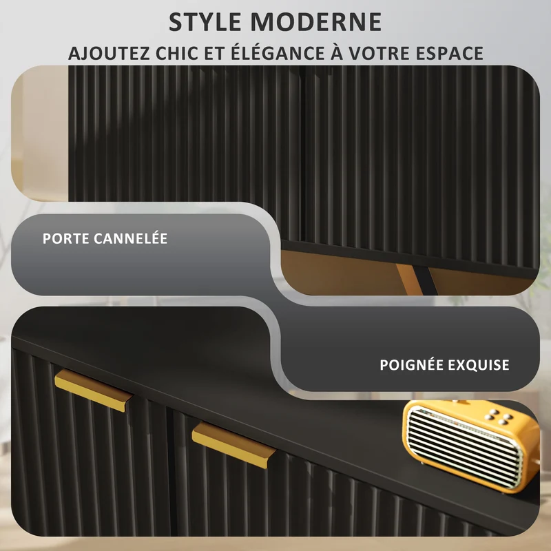 Meuble tv pour écran jusqu'à 70 pouces 140 x 39 x 47 cm rangement ouvert et portes cannelées style moderne en MDF noir 21_0003456