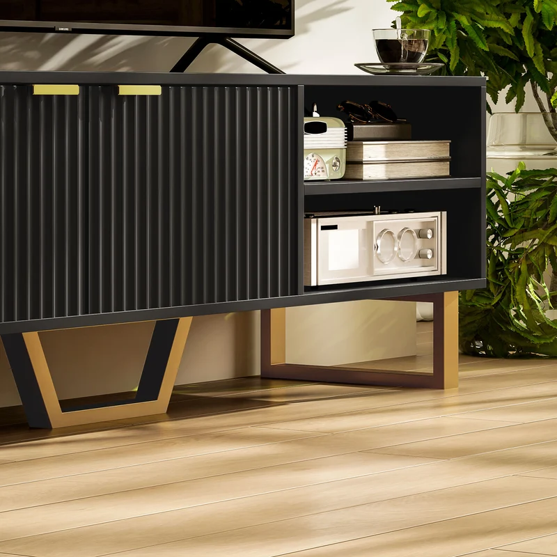 Meuble tv pour écran jusqu'à 70 pouces 140 x 39 x 47 cm rangement ouvert et portes cannelées style moderne en MDF noir 21_0003456